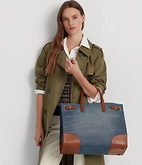 Lauren Ralph Lauren Devyn Denim Leather Trim Large Tote Bag