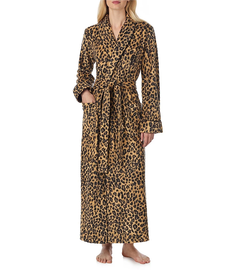 Lauren Ralph Lauren Leopard Long Sleeve Fleece Shawl Collar Patch Pocket Belt Tie Robe
