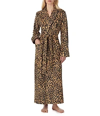 Lauren Ralph Lauren Leopard Long Sleeve Fleece Shawl Collar Patch Pocket Belt Tie Robe
