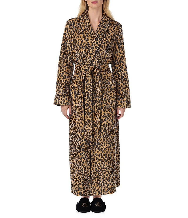 Lauren Ralph Lauren Leopard Long Sleeve Fleece Shawl Collar Patch Pocket Belt Tie Robe