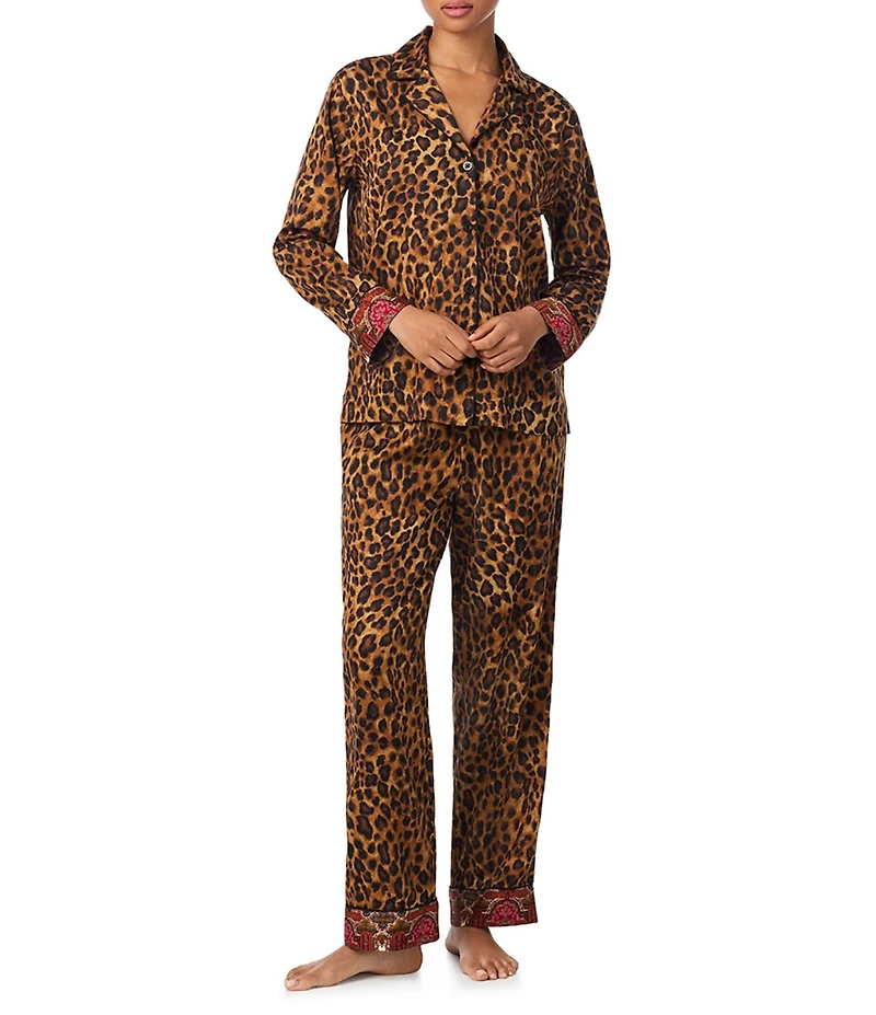 Lauren Ralph Lauren Leopard Print Long Sleeve Notch Collar Long Sateen Pajama Set