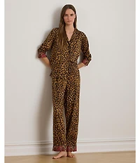 Lauren Ralph Lauren Leopard Print Long Sleeve Notch Collar Long Sateen Pajama Set