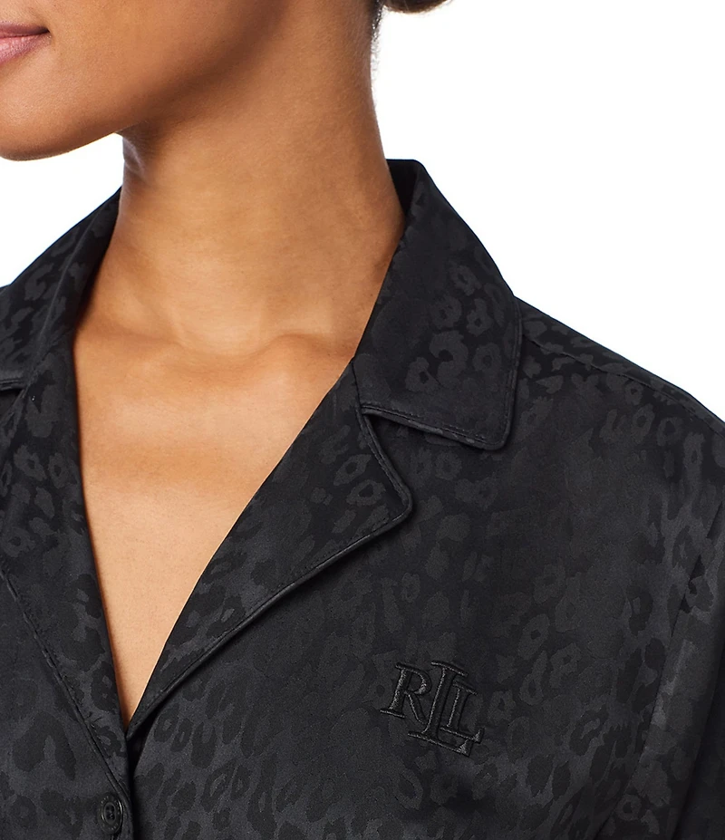Lauren Ralph Lauren Leopard Print Satin Jacquard Long Sleeve Notch Collar Long Pajama Set