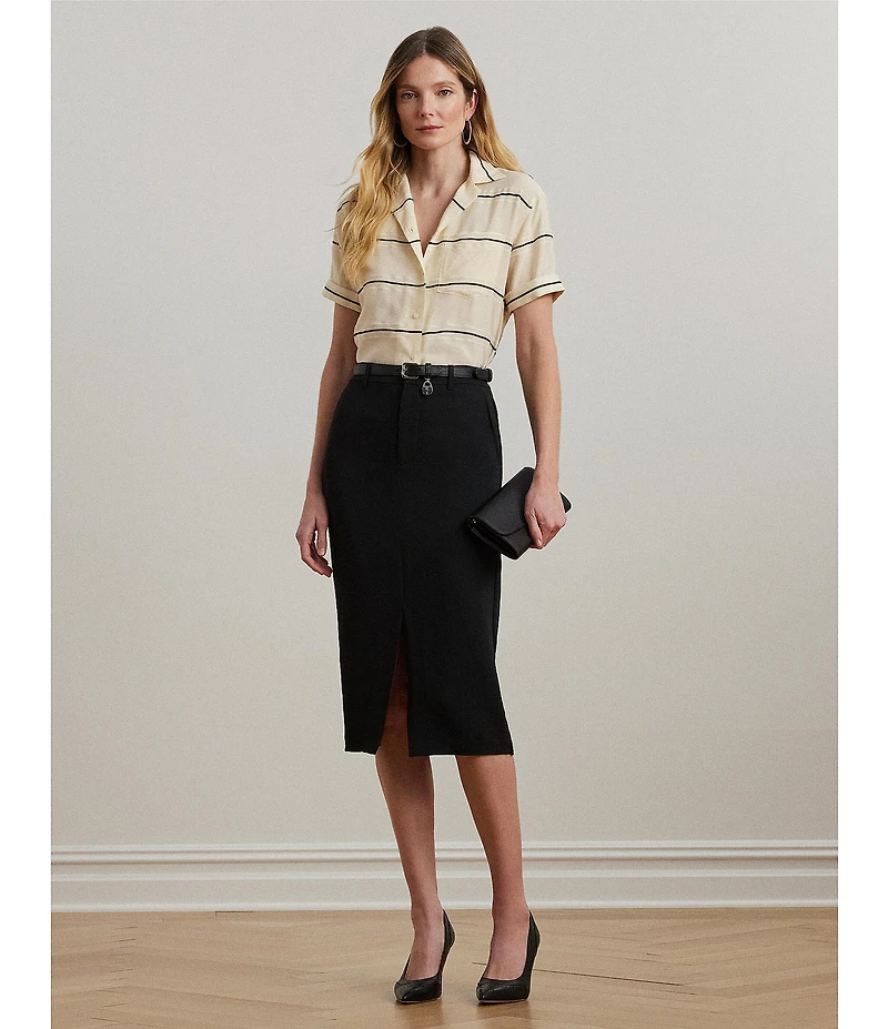 Lauren Ralph Lauren Lightweight Striped Camp Collar Short Sleeve Button Front Camp Shirt
