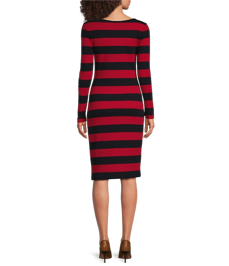 Lauren Ralph Lauren Stretch Cotton Rib Knit Stripe Print Scoop Neck Long Sleeve Sheath Dress