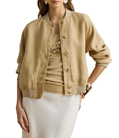 Lauren Ralph Lauren Linen Blend Banded Collar Long Sleeve Flight Jacket
