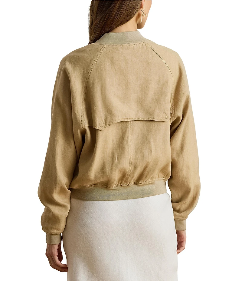 Lauren Ralph Lauren Linen Blend Banded Collar Long Sleeve Flight Jacket