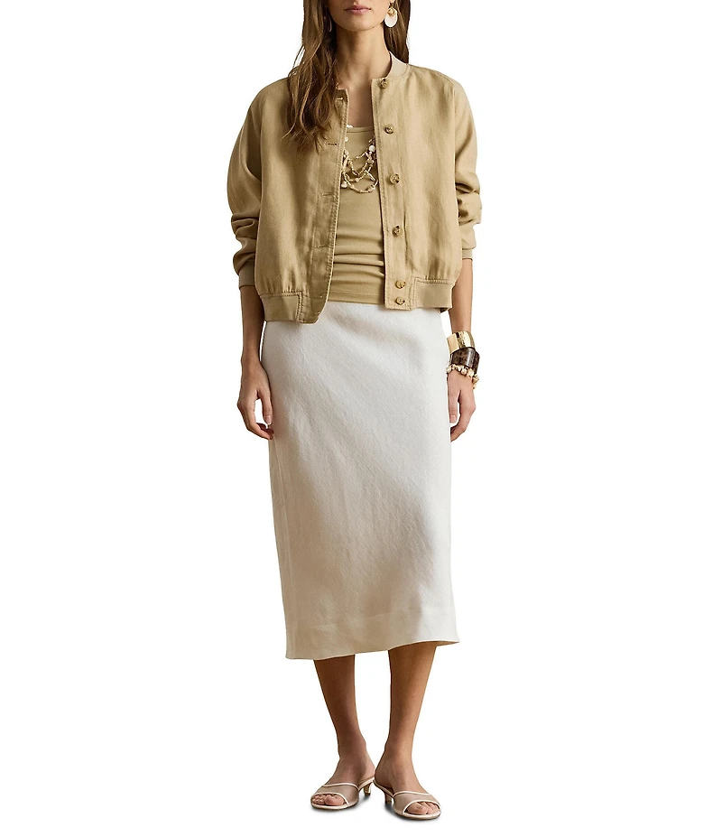 Lauren Ralph Lauren Linen Blend Banded Collar Long Sleeve Flight Jacket