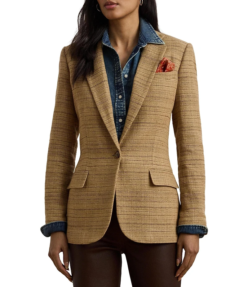 Lauren Ralph Lauren Linen Blend Herringbone Notch Lapel Long Sleeve Single-Button Blazer