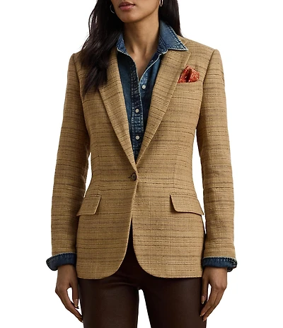 Lauren Ralph Lauren Linen Blend Herringbone Notch Lapel Long Sleeve Single-Button Blazer