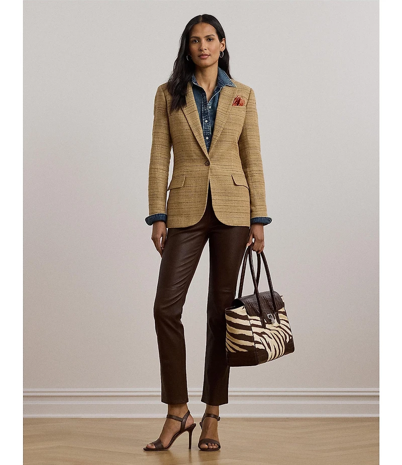 Lauren Ralph Lauren Linen Blend Herringbone Notch Lapel Long Sleeve Single-Button Blazer