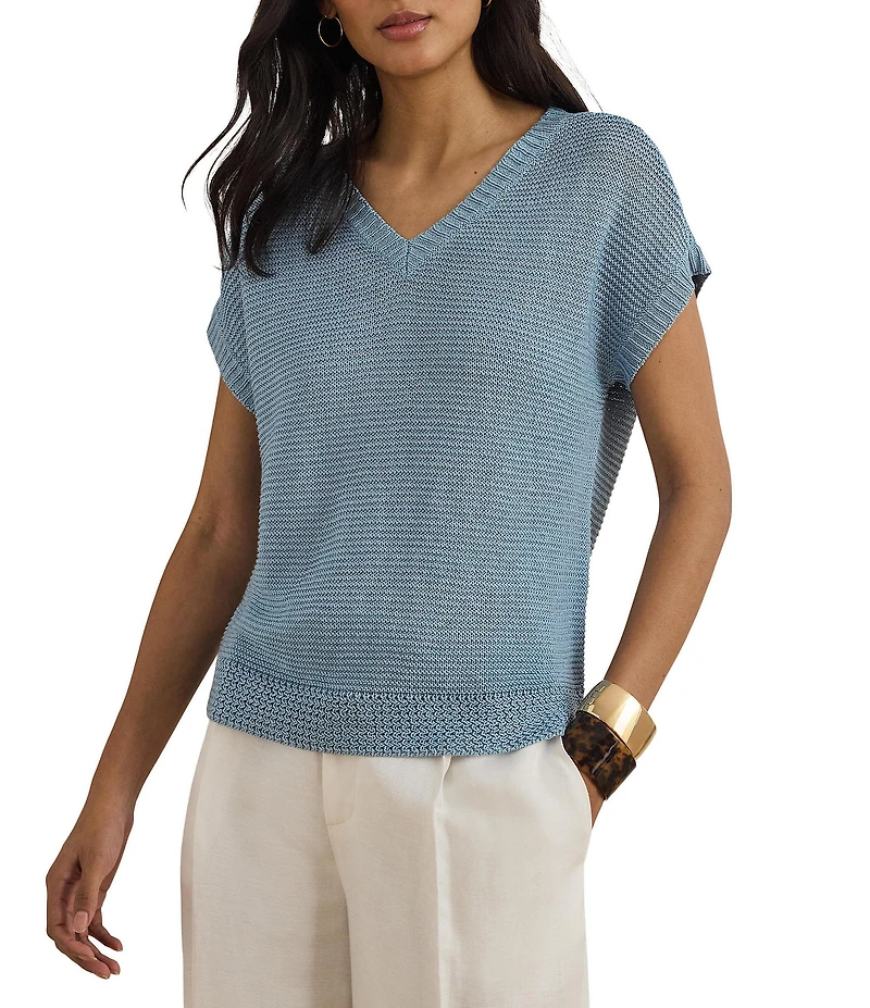Lauren Ralph Lauren Linen-Blend Ribbed V-Neck Short Dolman Sleeve Sweater