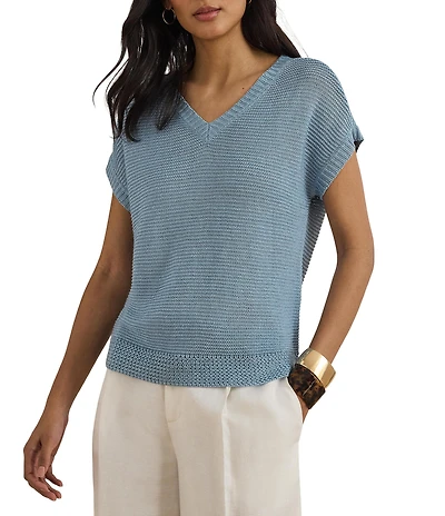 Lauren Ralph Lauren Linen-Blend Ribbed V-Neck Short Dolman Sleeve Sweater
