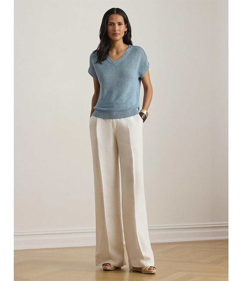 Lauren Ralph Lauren Linen-Blend Ribbed V-Neck Short Dolman Sleeve Sweater