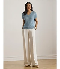 Lauren Ralph Lauren Linen-Blend Ribbed V-Neck Short Dolman Sleeve Sweater