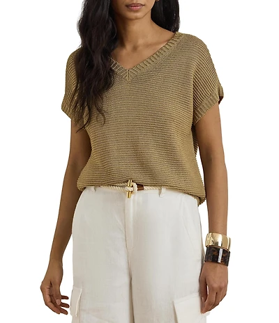 Lauren Ralph Lauren Linen-Blend Ribbed V-Neck Short Dolman Sleeve Sweater