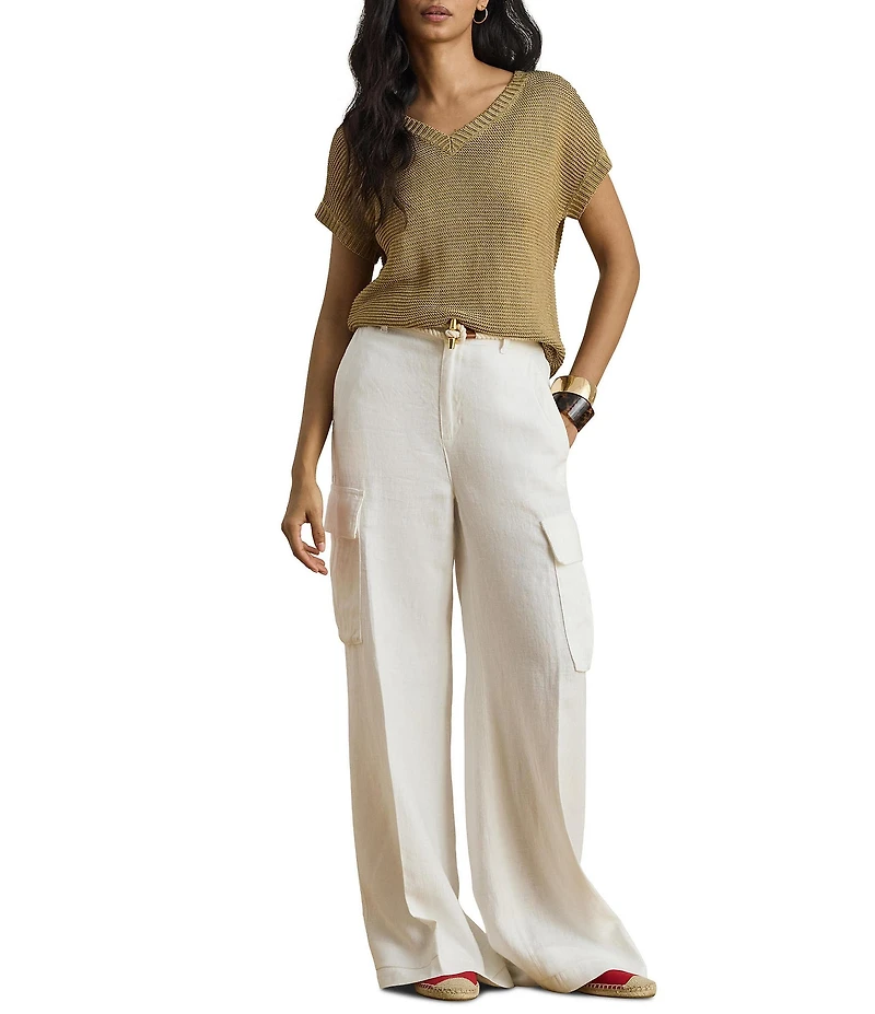 Lauren Ralph Lauren Linen-Blend Ribbed V-Neck Short Dolman Sleeve Sweater