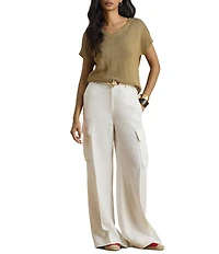 Lauren Ralph Lauren Linen-Blend Ribbed V-Neck Short Dolman Sleeve Sweater