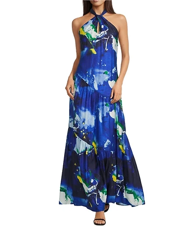 Lauren Ralph Lauren Linen Blend Shantung Halter Neck Sleeveless Printed Shift Gown