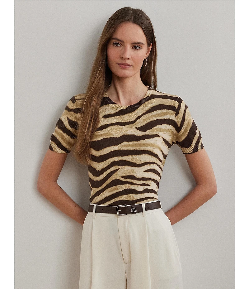 Lauren Ralph Lauren Linen-Cotton Zebra Print Ribbed Crew Neck Short Sleeve Sweater