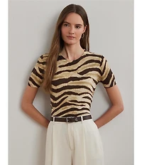 Lauren Ralph Lauren Linen-Cotton Zebra Print Ribbed Crew Neck Short Sleeve Sweater
