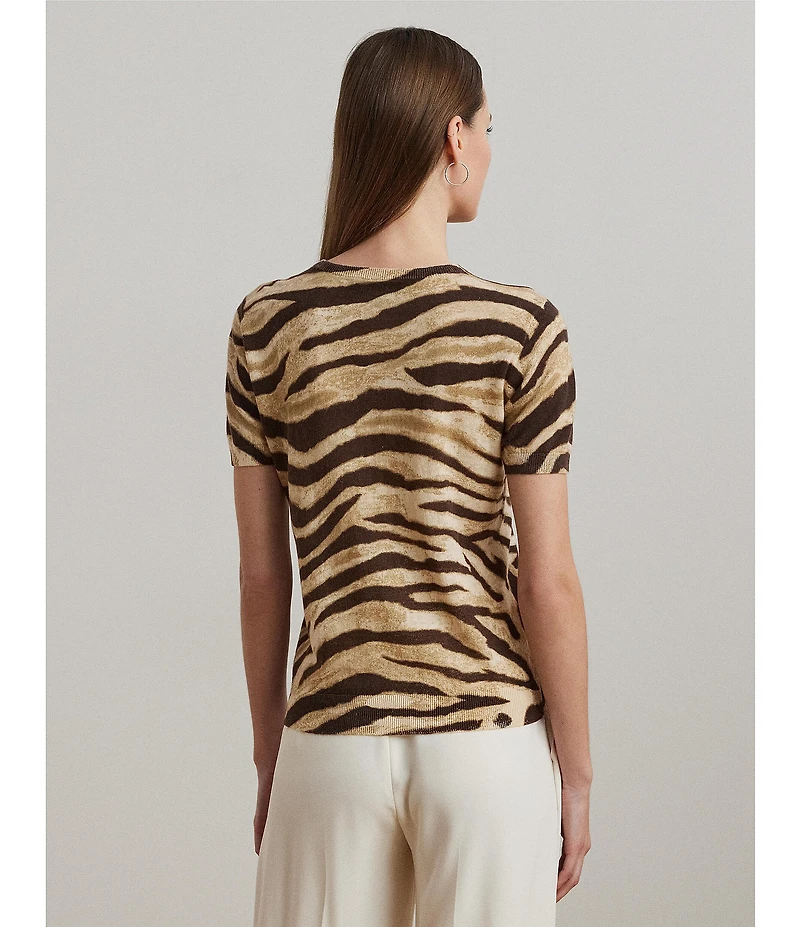 Lauren Ralph Lauren Linen-Cotton Zebra Print Ribbed Crew Neck Short Sleeve Sweater