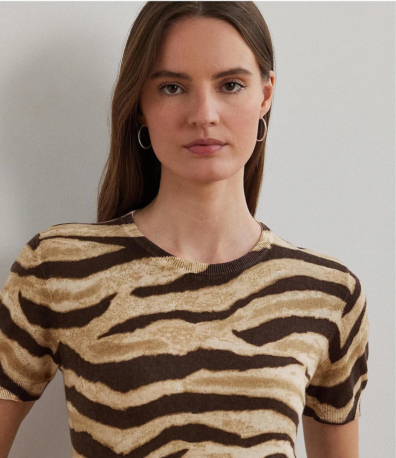 Lauren Ralph Lauren Linen-Cotton Zebra Print Ribbed Crew Neck Short Sleeve Sweater