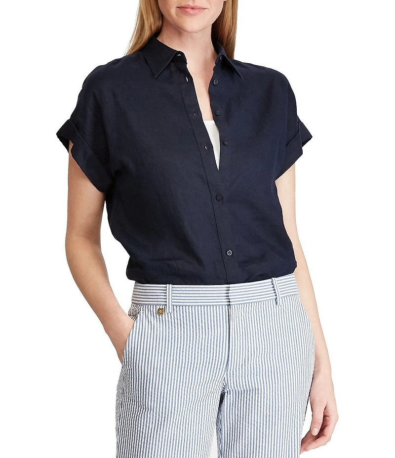 Lauren Ralph Lauren Linen Point Collar Short Dolman Sleeve Shirt
