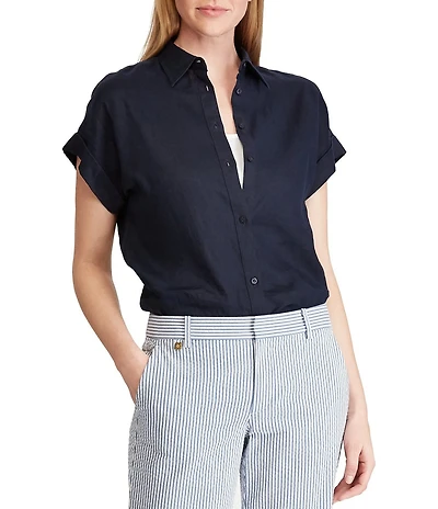 Lauren Ralph Lauren Linen Point Collar Short Dolman Sleeve Shirt