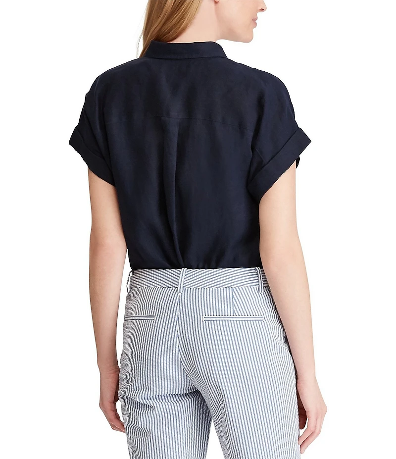 Lauren Ralph Lauren Linen Point Collar Short Dolman Sleeve Shirt