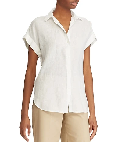Lauren Ralph Lauren Linen Point Collar Short Dolman Sleeve Shirt