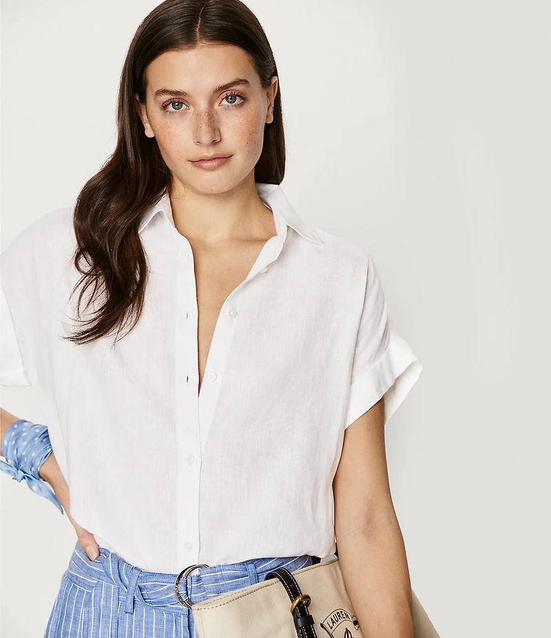 Lauren Ralph Lauren Linen Point Collar Short Dolman Sleeve Shirt
