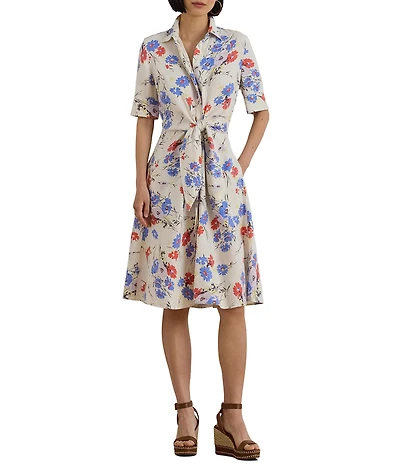 Lauren Ralph Lauren Linen Floral Point Collar Elbow Sleeve Tie Front Shirt Dress