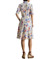 Lauren Ralph Lauren Linen Floral Point Collar Elbow Sleeve Tie Front Shirt Dress