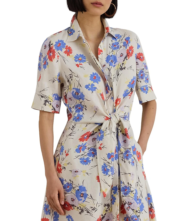 Lauren Ralph Lauren Linen Floral Point Collar Elbow Sleeve Tie Front Shirt Dress