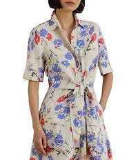 Lauren Ralph Lauren Linen Floral Point Collar Elbow Sleeve Tie Front Shirt Dress
