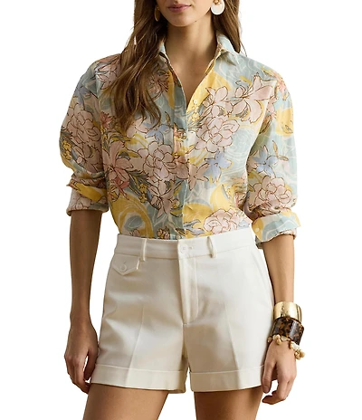 Lauren Ralph Lauren Linen Floral Point Collar Long Sleeve Button-Front Shirt