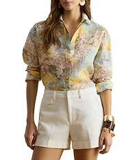 Lauren Ralph Lauren Linen Floral Point Collar Long Sleeve Button-Front Shirt