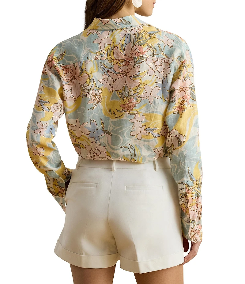 Lauren Ralph Lauren Linen Floral Point Collar Long Sleeve Button-Front Shirt