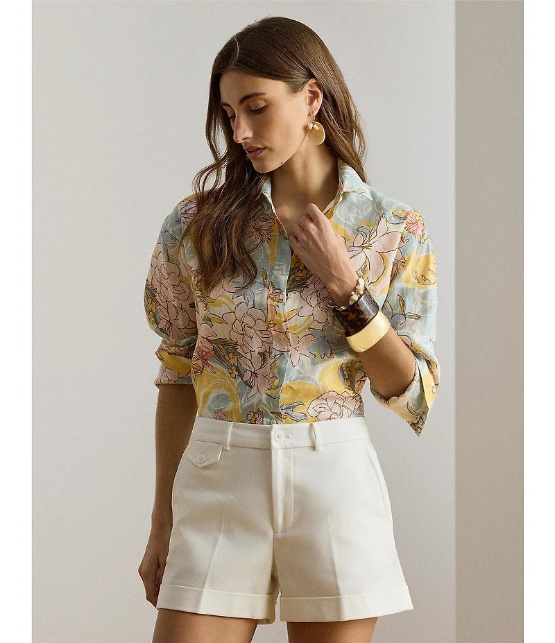 Lauren Ralph Lauren Linen Floral Point Collar Long Sleeve Button-Front Shirt