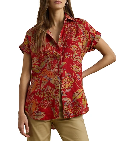 Lauren Ralph Lauren Linen Floral Point Collar Short Cuff Sleeve Shirttail Hem Button Front Shirt