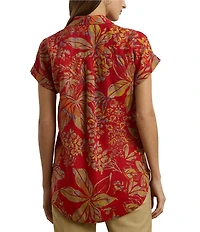 Lauren Ralph Lauren Linen Floral Point Collar Short Cuff Sleeve Shirttail Hem Button Front Shirt
