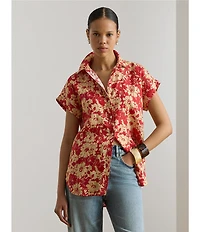 Lauren Ralph Lauren Linen Floral Point Collar Short Sleeve Button Front Shirt