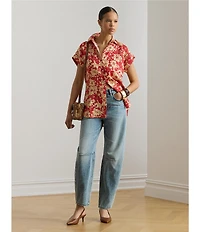 Lauren Ralph Lauren Linen Floral Point Collar Short Sleeve Button Front Shirt