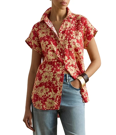 Lauren Ralph Lauren Linen Floral Point Collar Short Sleeve Button Front Shirt