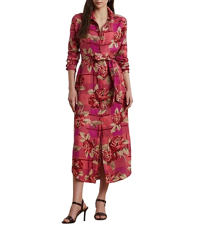 Lauren Ralph Lauren Linen Floral Print Checked Belted Point Collar Shirt Maxi Dress