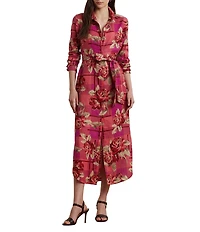 Lauren Ralph Lauren Linen Floral Print Checked Belted Point Collar Shirt Maxi Dress