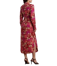 Lauren Ralph Lauren Linen Floral Print Checked Belted Point Collar Shirt Maxi Dress