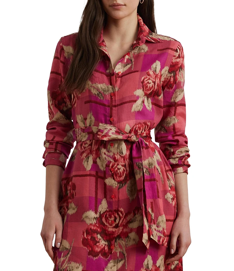 Lauren Ralph Lauren Linen Floral Print Checked Belted Point Collar Shirt Maxi Dress