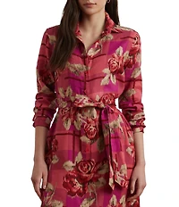 Lauren Ralph Lauren Linen Floral Print Checked Belted Point Collar Shirt Maxi Dress